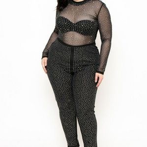 mesh crystal studded jumpsuit